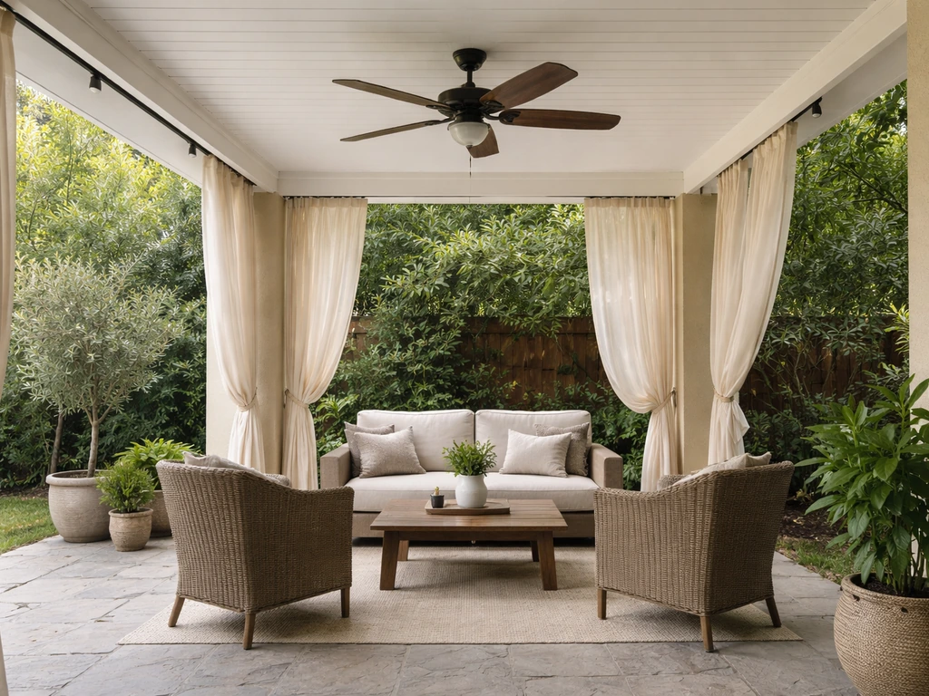 Covered patio with an outdoor-rated ceiling fan moving air over a seating area