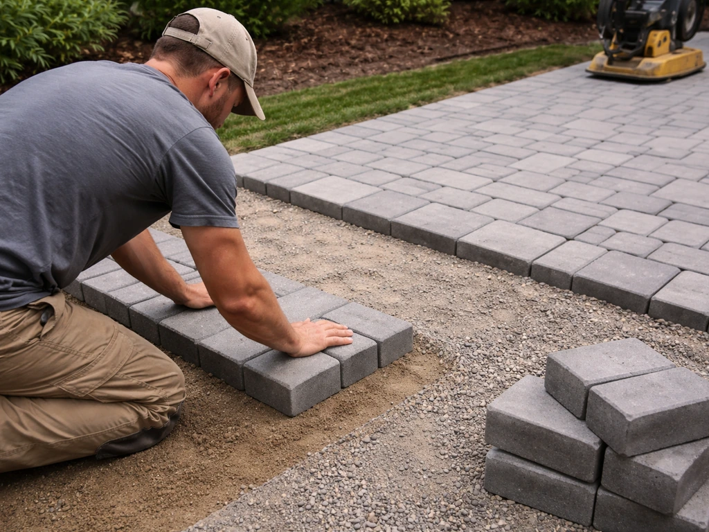 Worker laying pavers on prepared base beside a neat finished patio section in a simple backyard.