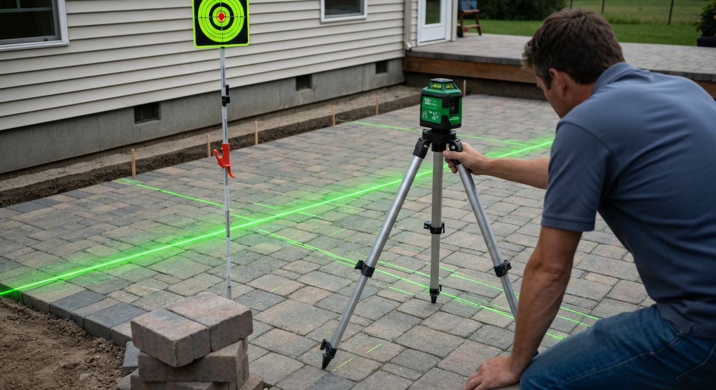 Homeowner using a green cross-line laser on a tripod to level a partially laid patio; bright green horizontal and vertical lines across pavers and a grade rod with a neon target card.