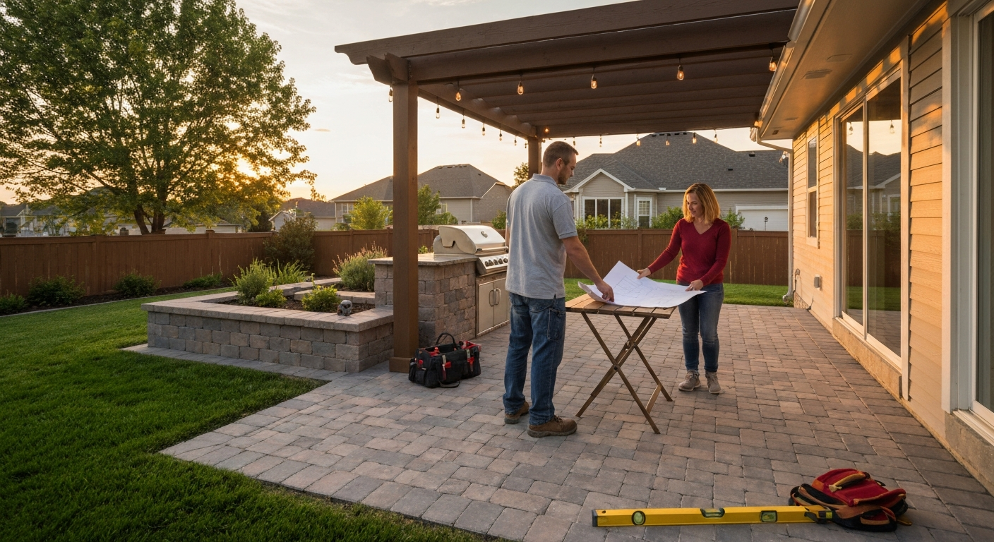 Contractor and homeowner reviewing blueprints on a finished backyard patio with pergola and built-in grill at golden hour.