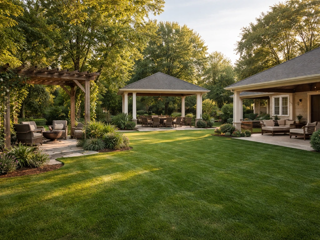 Wide backyard with separate patio zones showing pergola, pavilion, and covered roof structures