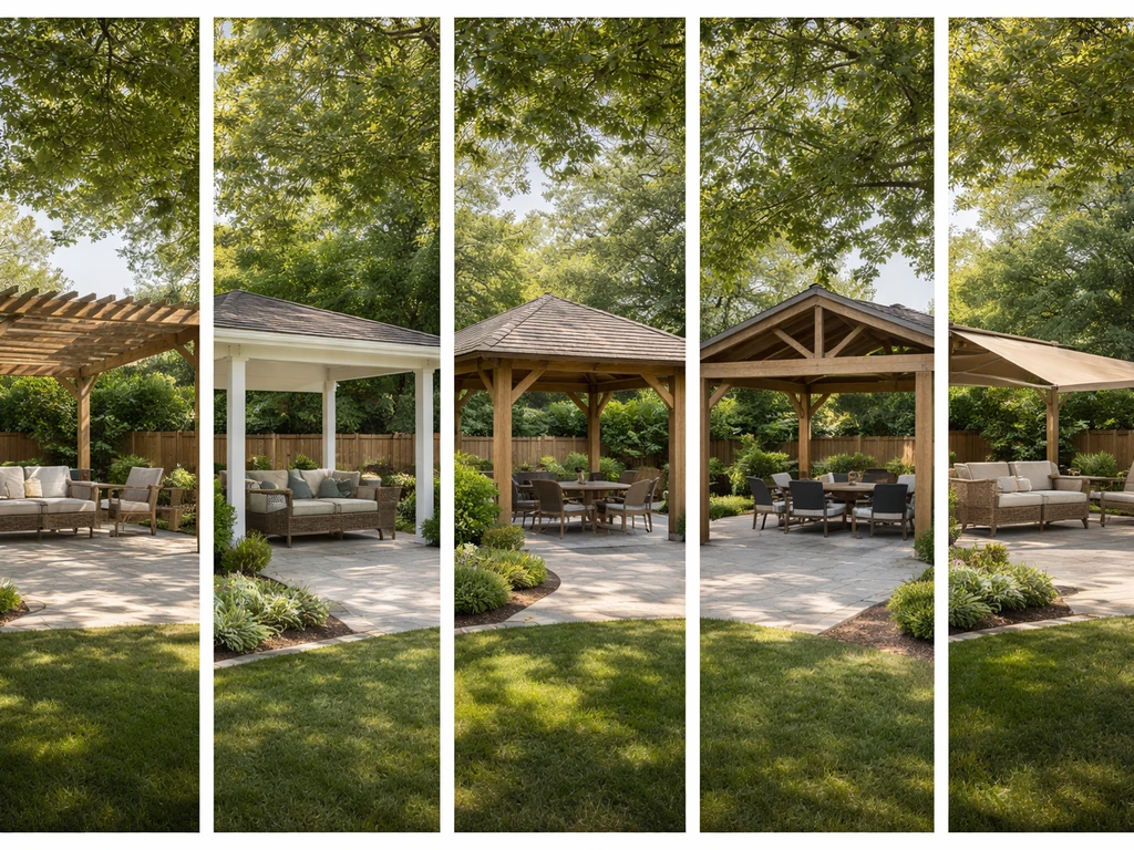 Five side-by-side patio structure types: pergola, covered roof, gazebo, pavilion, and retractable awning.