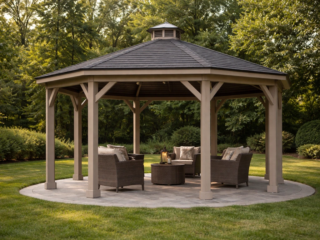 Freestanding octagonal gazebo with open sides and solid roof in a quiet backyard