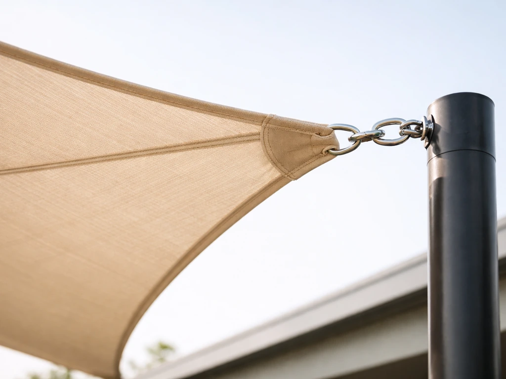 Close-up of a tensioned shade sail fabric panel with corner hardware and anchor posts.