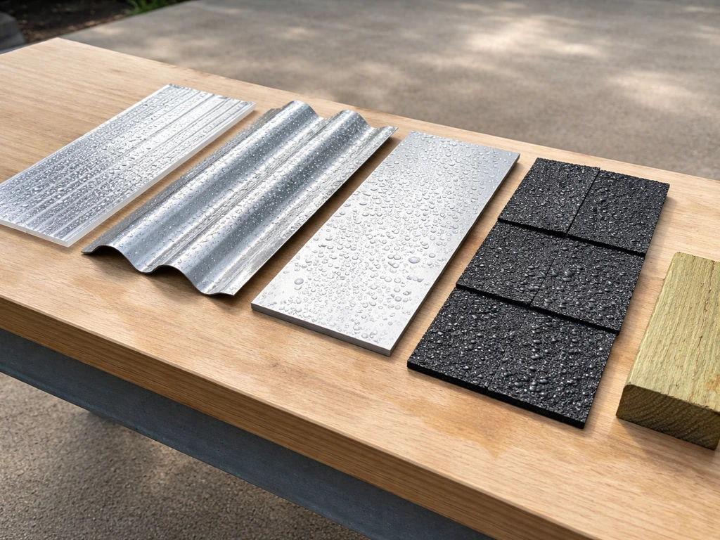 Photo of roof covering samples—polycarbonate, metal, aluminum, shingles—with a pressure-treated lumber frame swatch.