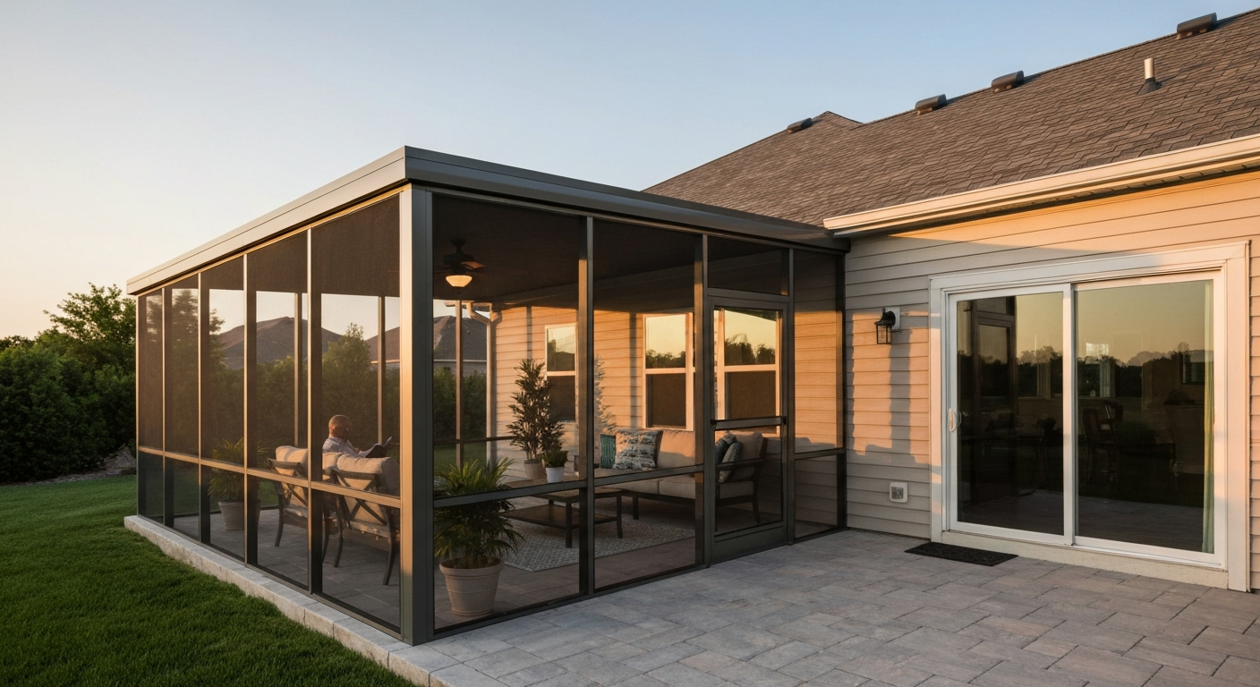 Photorealistic patio with an attached aluminum-framed screened house, showing furniture inside and visible mesh screening.
