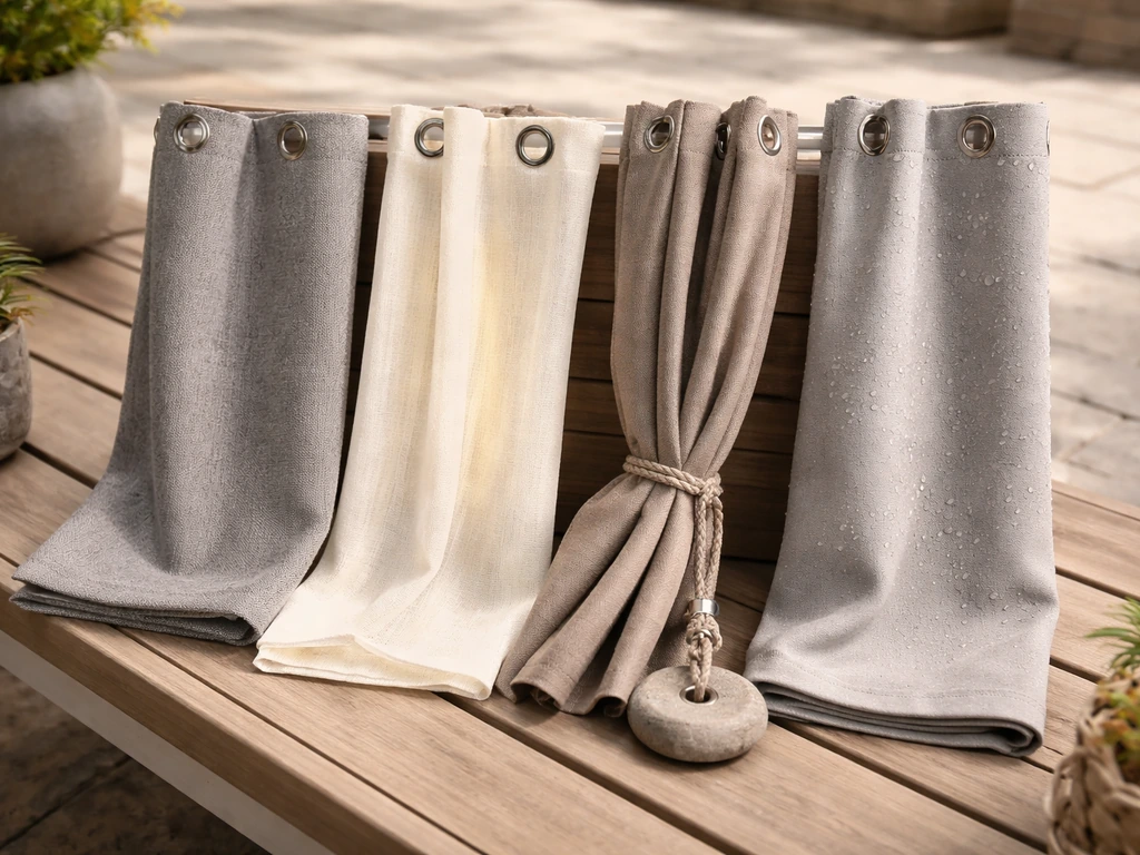 Four patio curtain fabric panels demonstrating privacy, light filtering, anchored drape, and weather protection.