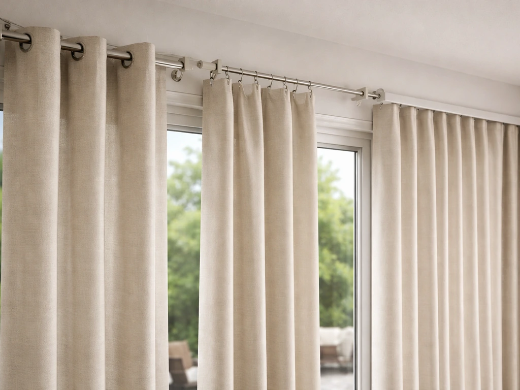 Close-up of three patio curtain setups: rod panels, cable-hung panels, and overhead track panels.