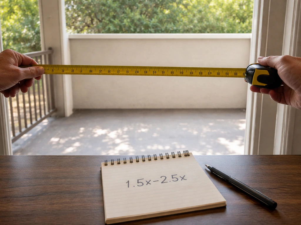 Hands measure a patio opening with a tape measure, showing fullness guideline context for curtain width.