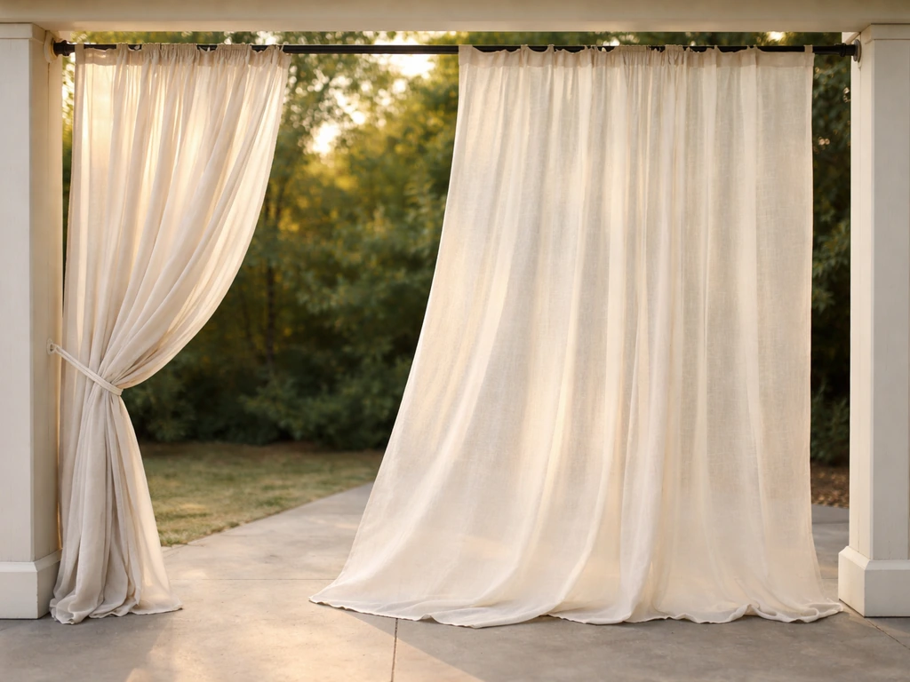 Outdoor patio curtain with slight wind billow, controlled by a side tie-back and extra slack width.