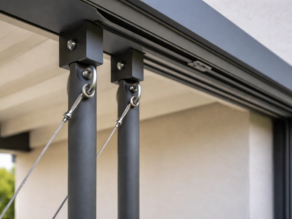 Close-up of a minimalist patio panel system using stainless cable and overhead track hardware, rust-resistant look.