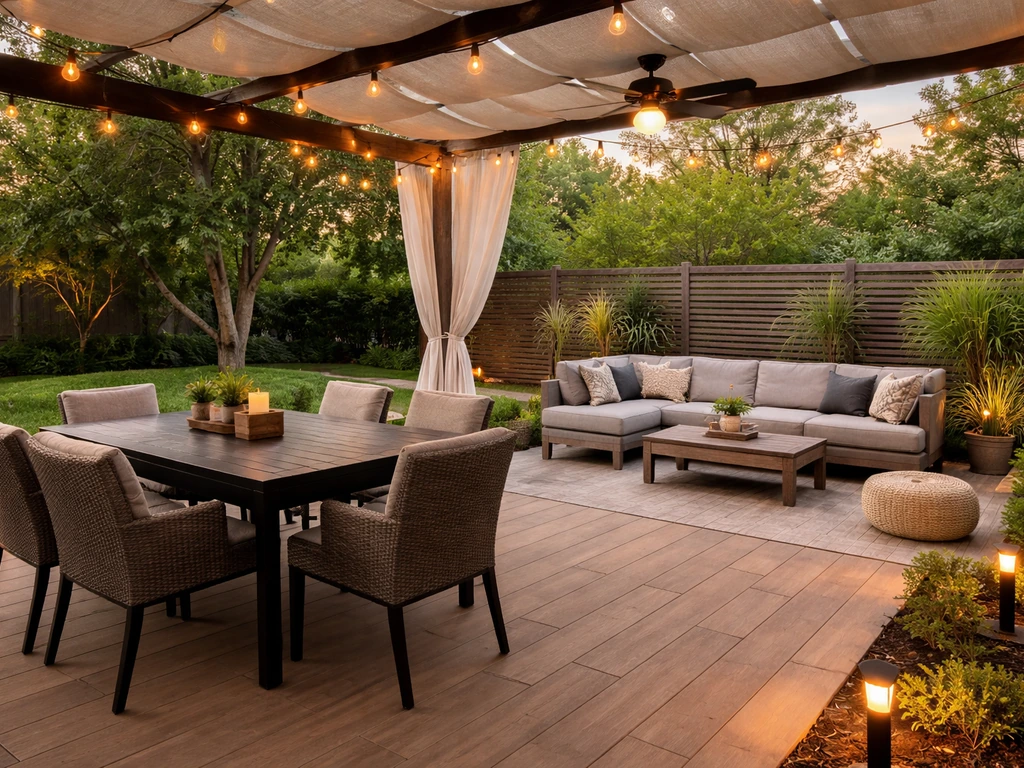 Wide view of a finished back patio with dining and lounge areas, pergola shade, and warm layered lighting.
