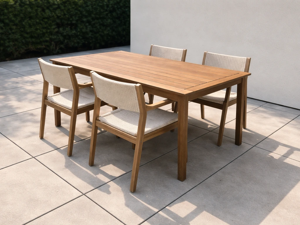 Angled view of a patio dining layout for four with clear chair pullout space and a surrounding walkway.