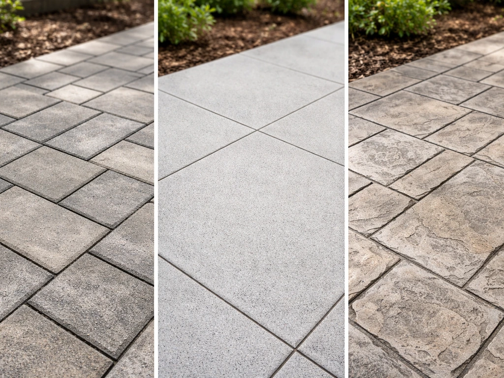 Three patio flooring samples side-by-side showing textured, slip-ready pavers, porcelain tile, and stamped concrete.
