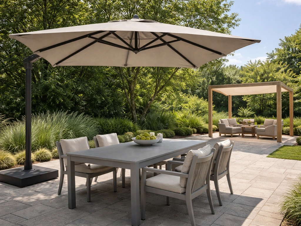 Cantilever umbrella shading an outdoor dining table with a second shade structure nearby for comparison.