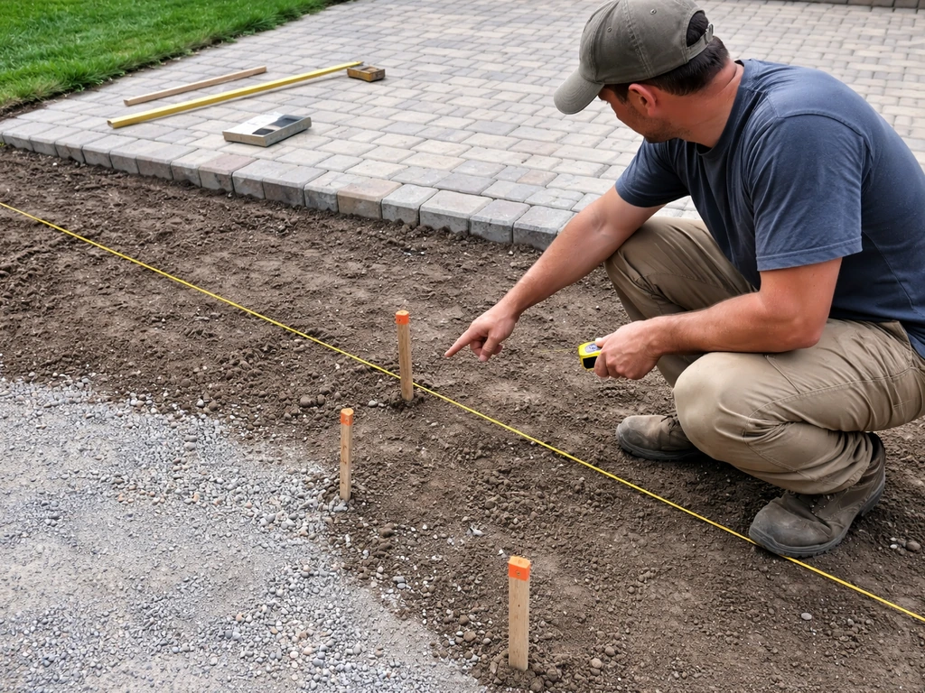 Contractor kneeling beside a patio base, checking drainage/grade markings and reviewing materials on-site.