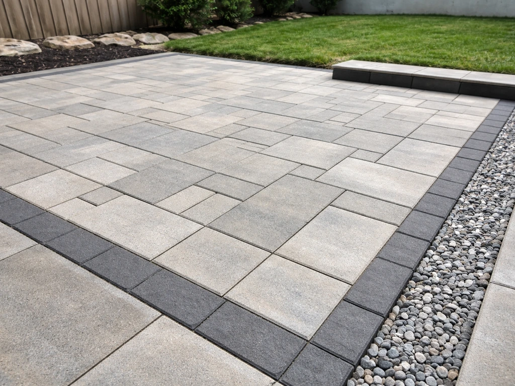 Finished outdoor patio with clean pavers, edging, and visible drainage slope in a quiet residential yard.