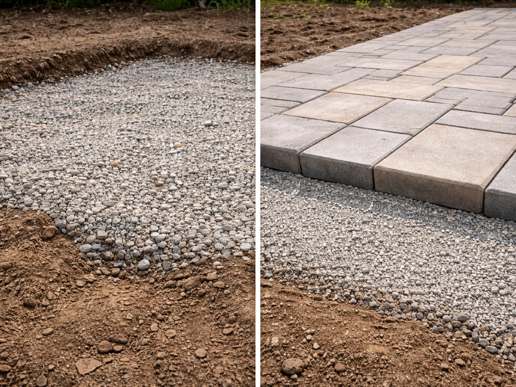 Close-up comparison of compacted gravel base for DIY vs pro paver patio, with finished paver surface edge.
