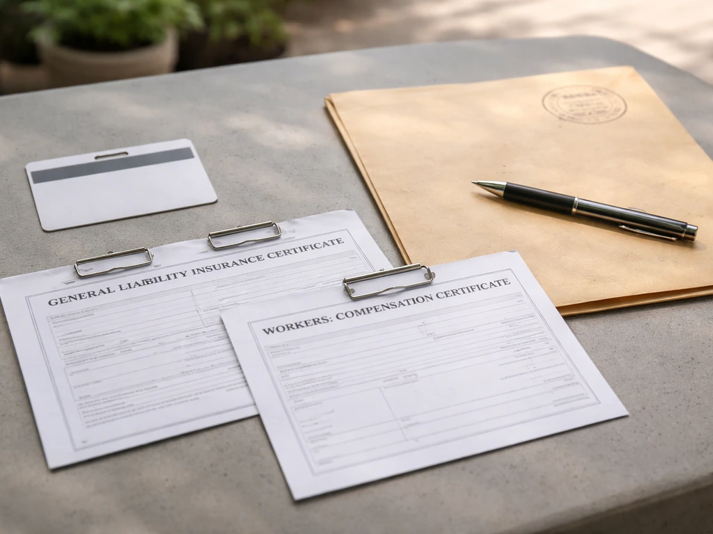 Credentials for a patio contractor: blank license card, insurance certificates, and a date-stamped folder on a table.
