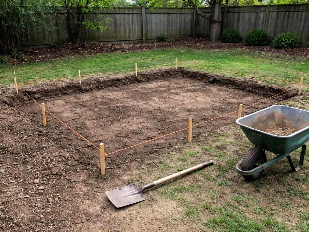 Staked-out patio excavation with removed sod and exposed soil ready for grading and drainage.
