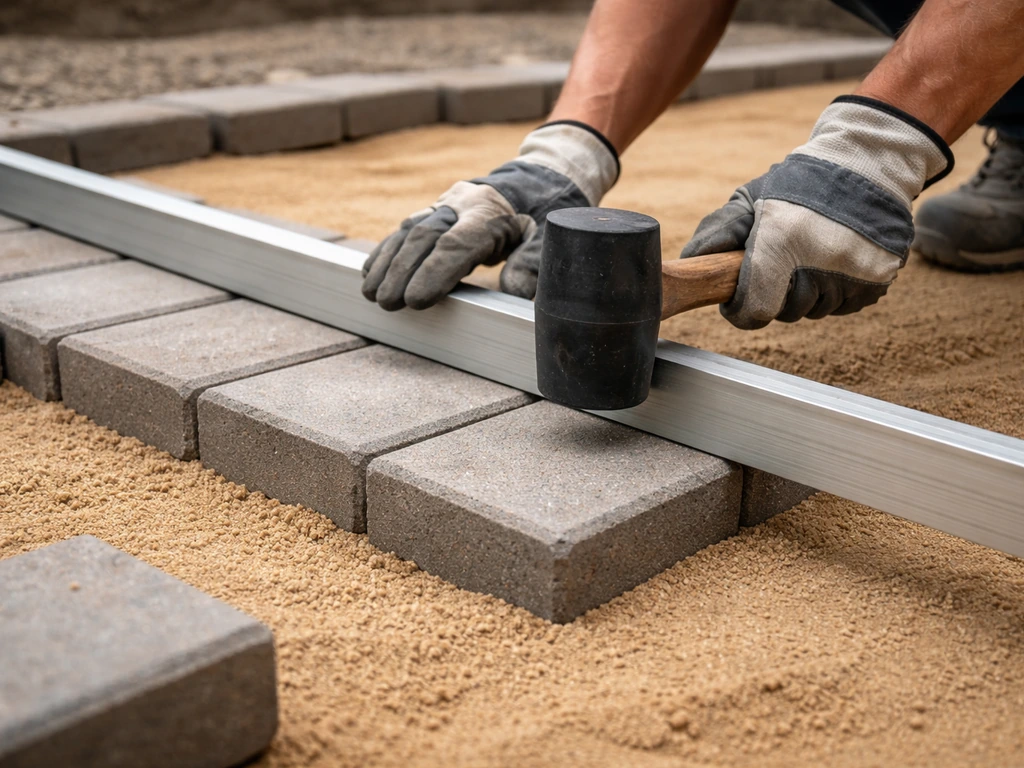 Contractor setting patio pavers over coarse sand bed, leveling with rubber mallet and straightedge