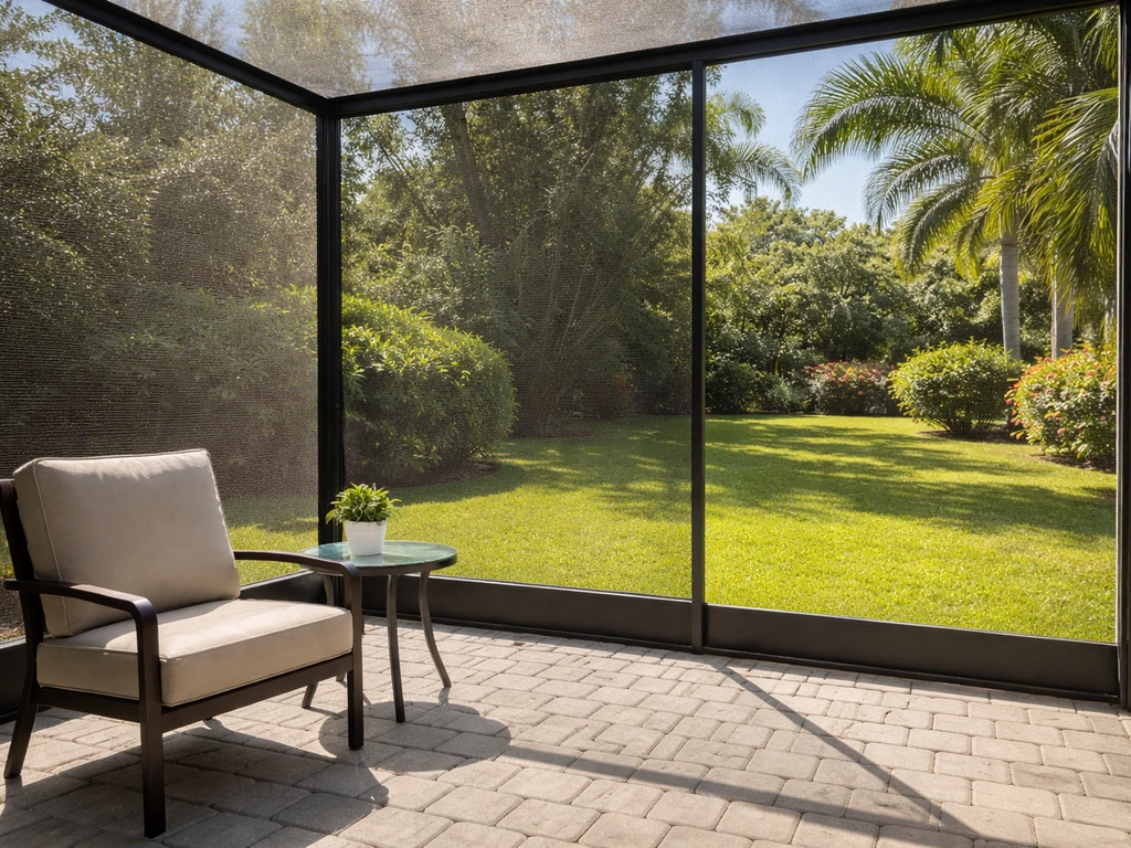 Sunlit patio with an installed aluminum-and-mesh screen enclosure providing bug protection and clear views.