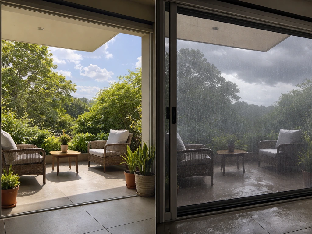 Open patio with screens partially open, gray storm clouds outside, showing exposed outdoor living area.