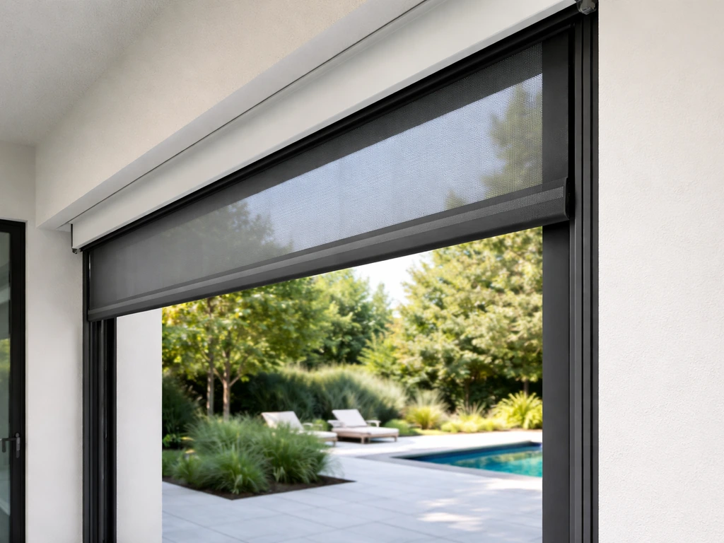 Motorized retractable screen partially opened over a patio enclosure, showing indoor-outdoor space.