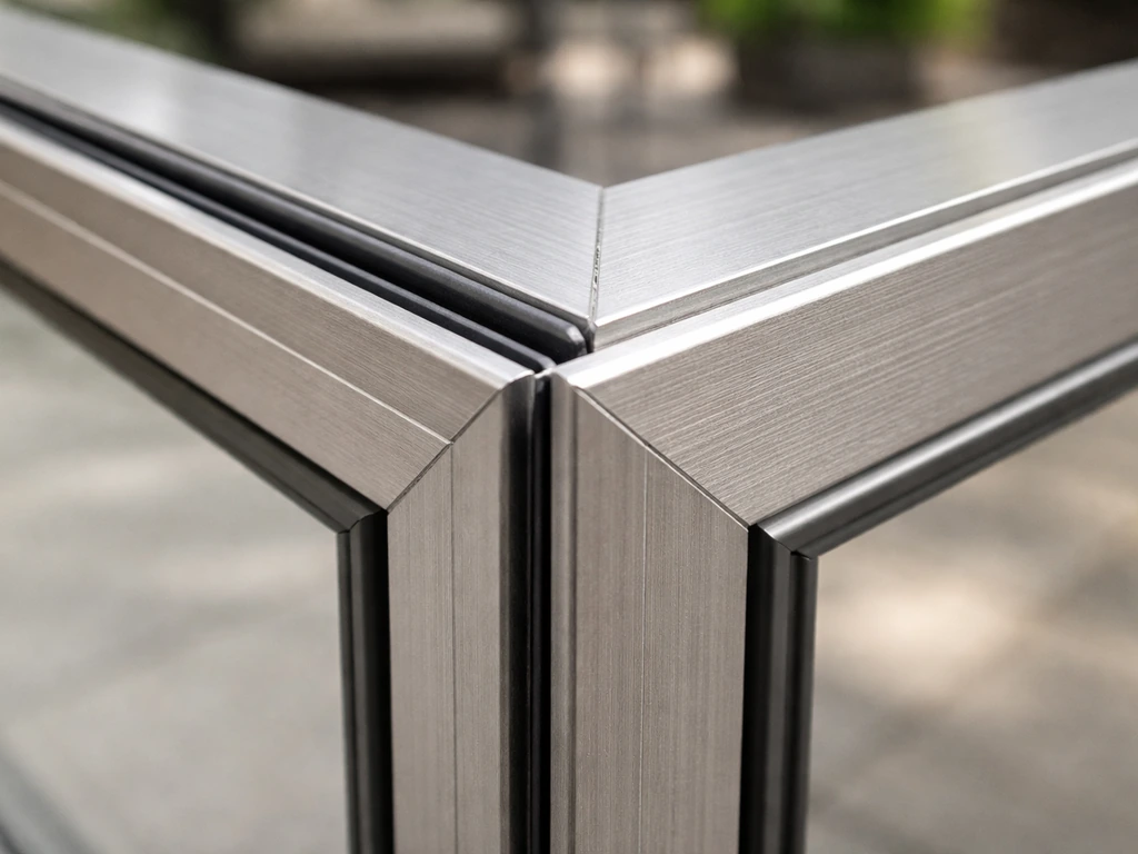 Close-up of extruded aluminum enclosure frame with screen/glazing edges and weather seals