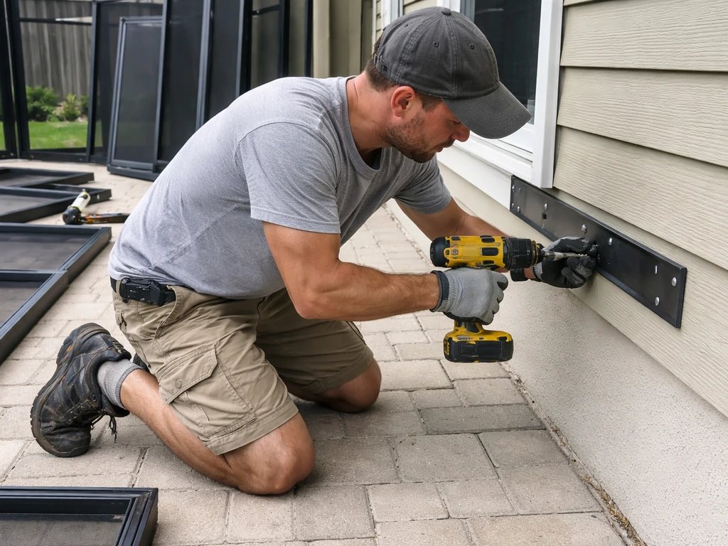 Installer fastening metal brackets for a screened patio enclosure to the house during build-out.