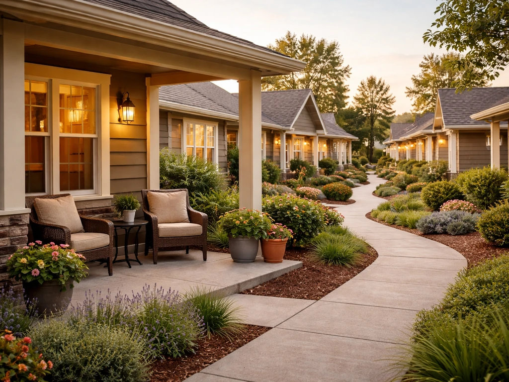 Welcoming patio home community with clustered houses, covered porches, and inviting outdoor seating.
