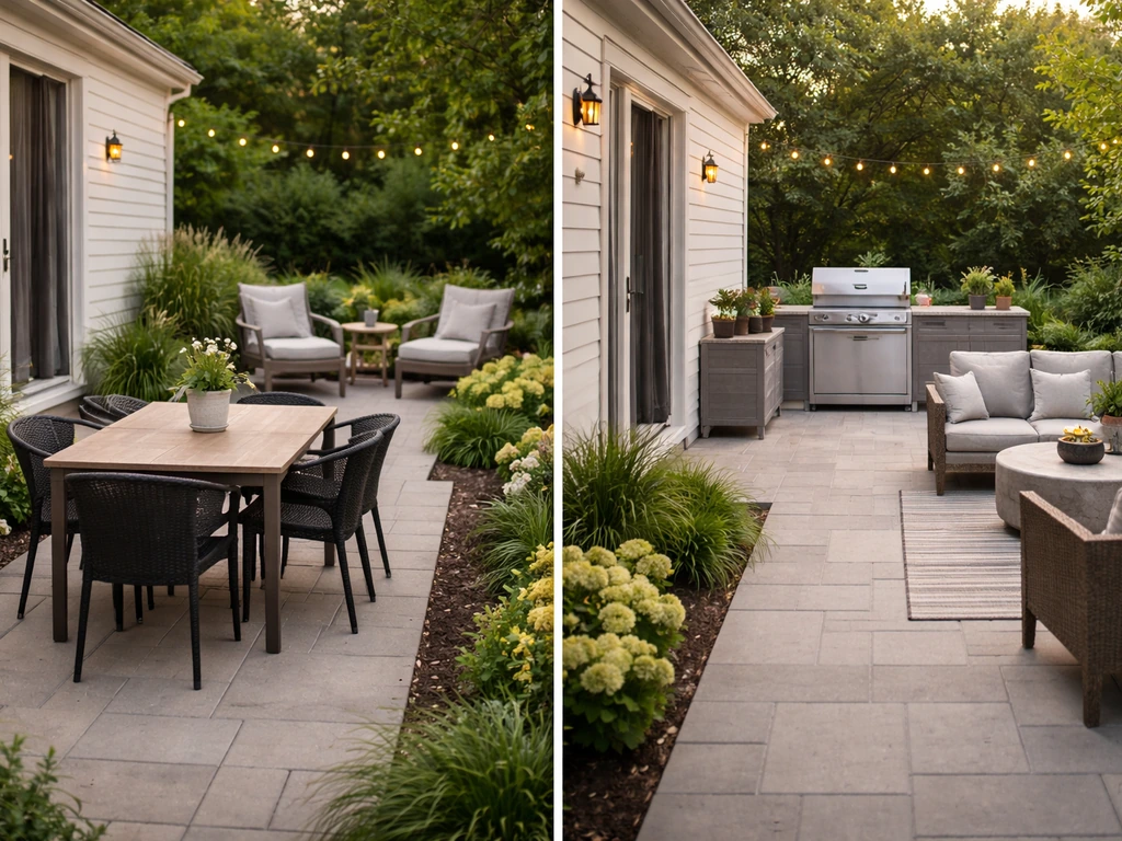 Minimal split view of two simple patio layouts showing dining+ lounge versus grill+ lounge areas.