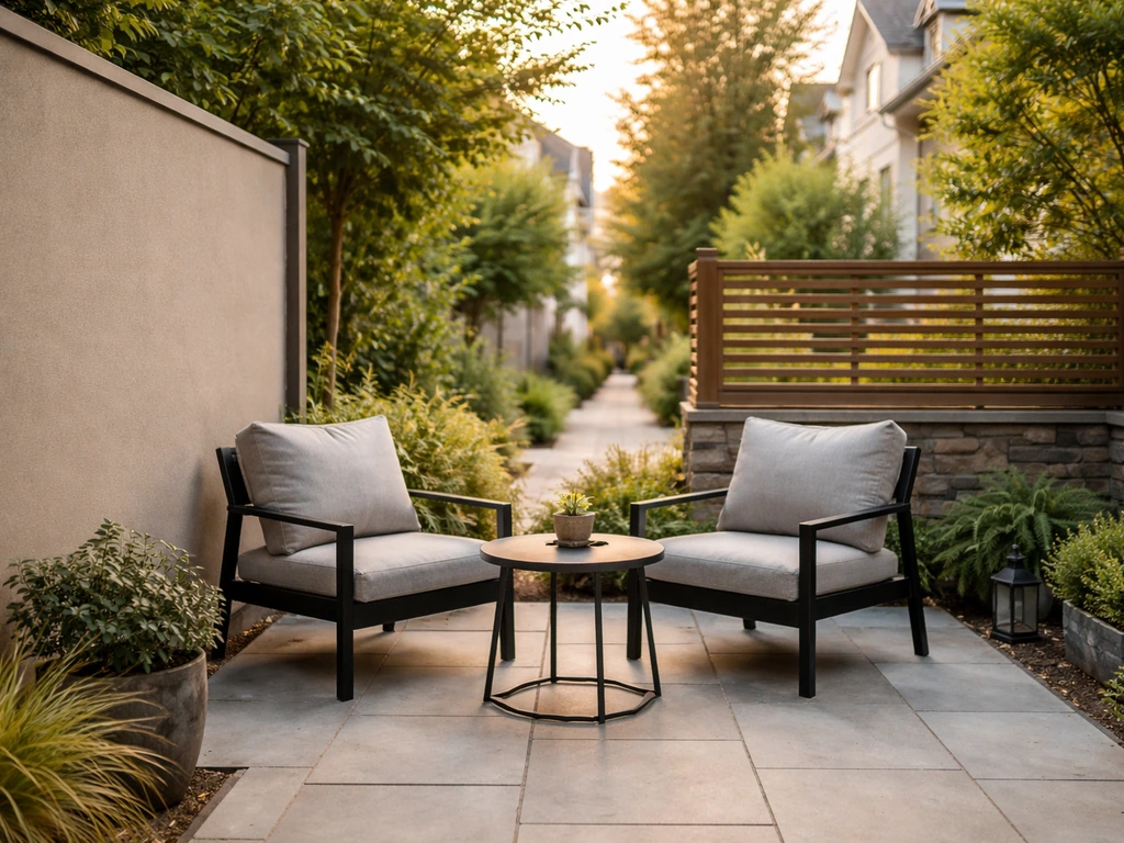 Residential patio with solid privacy wall and lower decorative fence showing changing visibility.