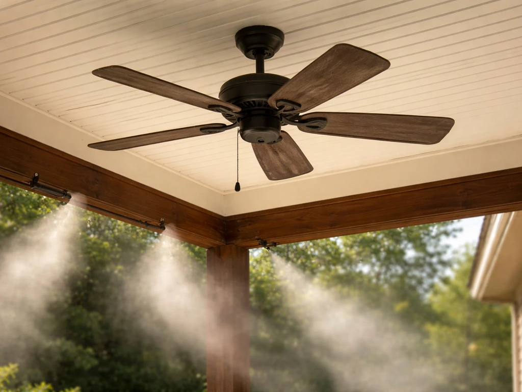 Outdoor ceiling fan under a covered patio with nearby misting nozzle spraying a fine mist.