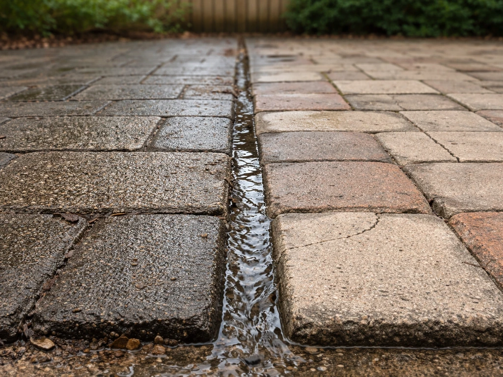 Side-by-side patio floor materials showing different wear: rough pavers on one side and smoother concrete on the other.