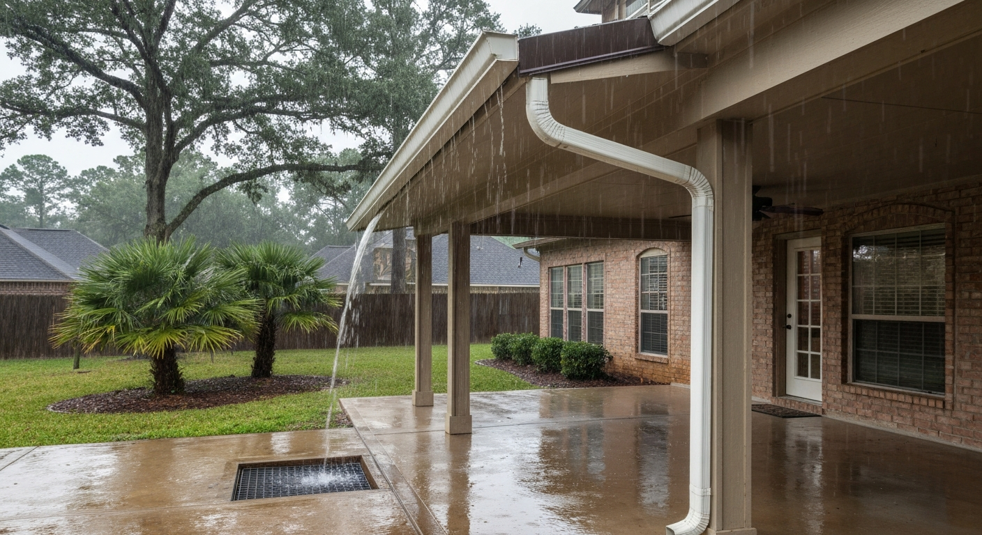 Photorealistic image of a Lafayette covered patio with a 6-inch seamless gutter and downspout channeling heavy rain away from the house.