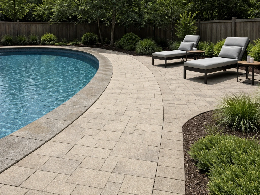 Minimal pool patio scene showing clear walkway with wet and dry zones and spaced outdoor seating
