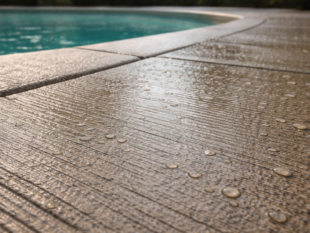 Close-up of a wet, textured slip-resistant pool deck surface with water beading on grooves.