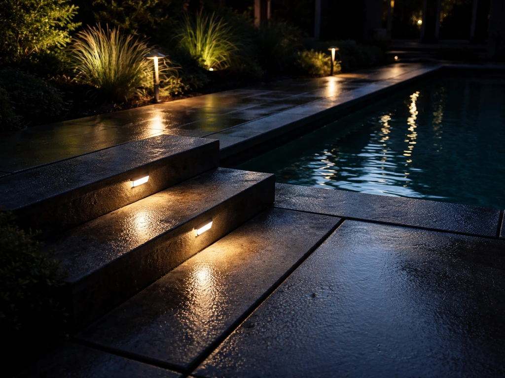 Warm low-glare lights illuminate pool steps and a safe patio path at night.