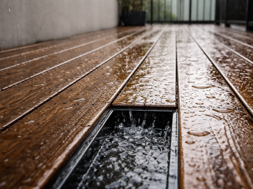 Wood deck with visible slope as water flows toward a drainage channel to prevent pooling.