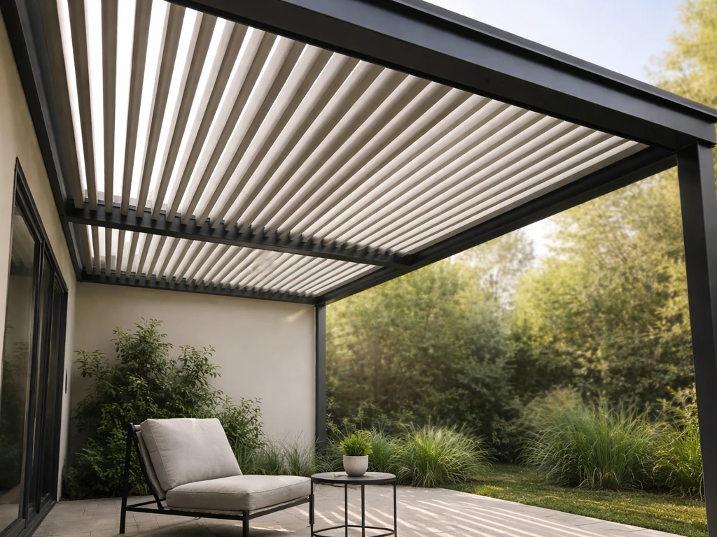 Aluminum louvered patio cover with partially open slats over a quiet residential patio in natural daylight.
