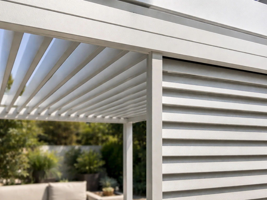 Close-up of adjustable louver slats showing open and near-closed positions on a patio cover.
