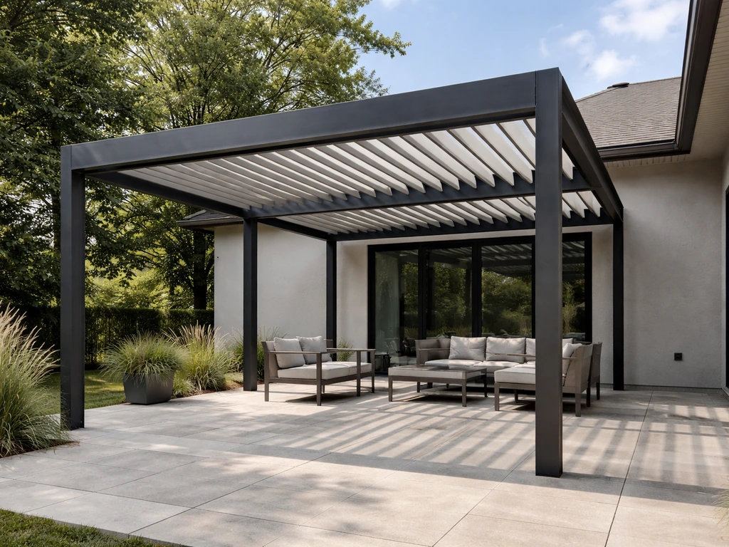 Open pergola-style louvered patio cover with four posts and open sides.