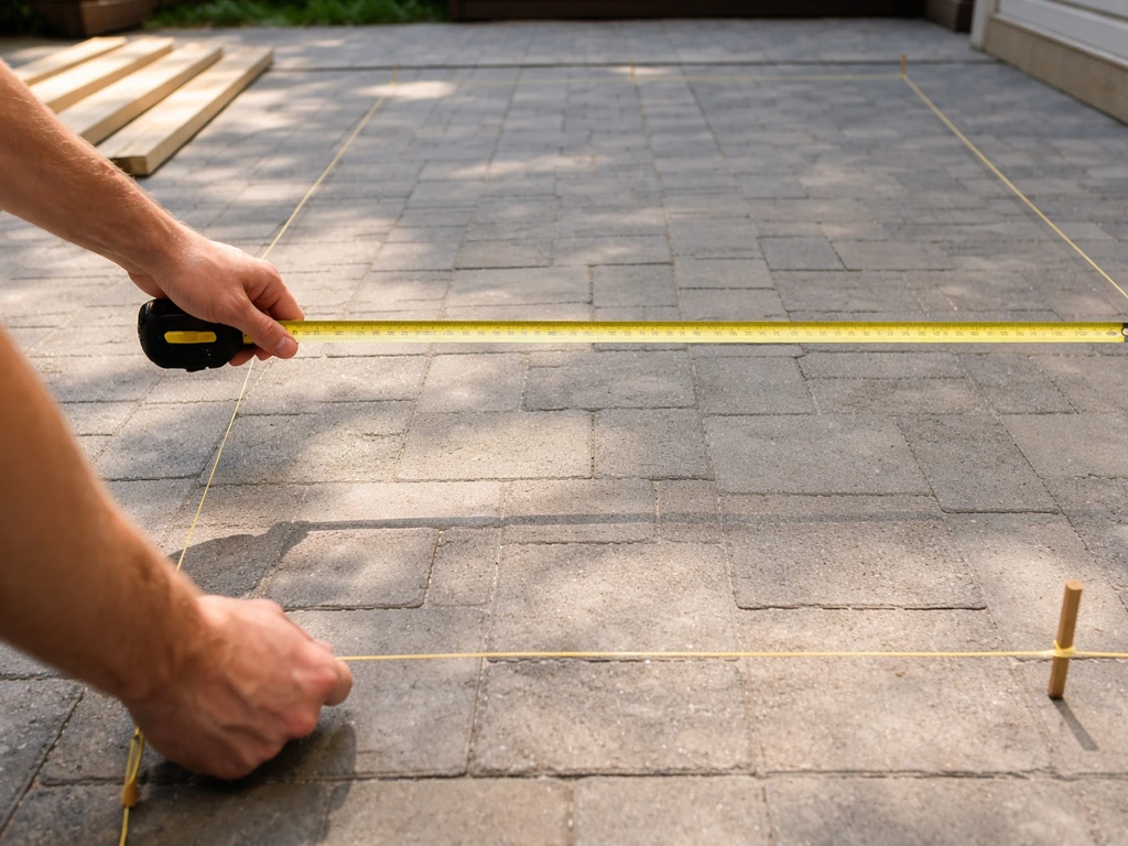 Person measuring a patio with a tape measure and string lines to show width and projection depth