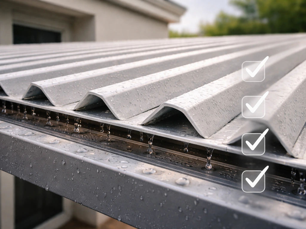Close-up of a louvered patio cover with subtle checklist checkmarks and visible drainage detail.