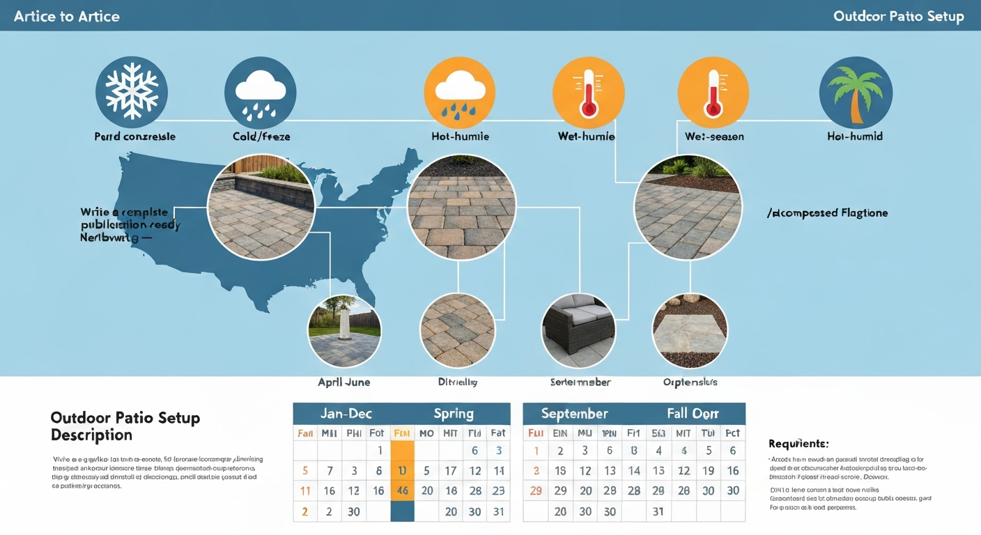 Infographic calendar showing recommended spring and fall windows to install patios across different climate zones, with icons for cold, wet, hot, and arid regions and images of common patio materials.