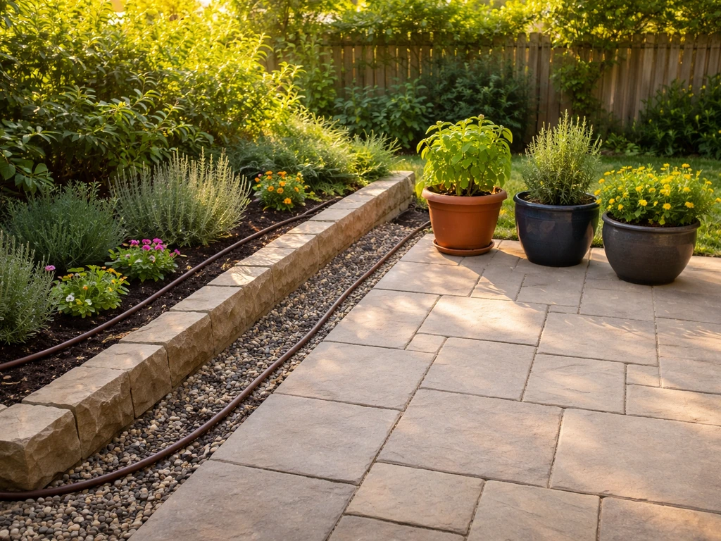 Bright patio garden with matching planters, a small raised bed, and visible drip irrigation setup.