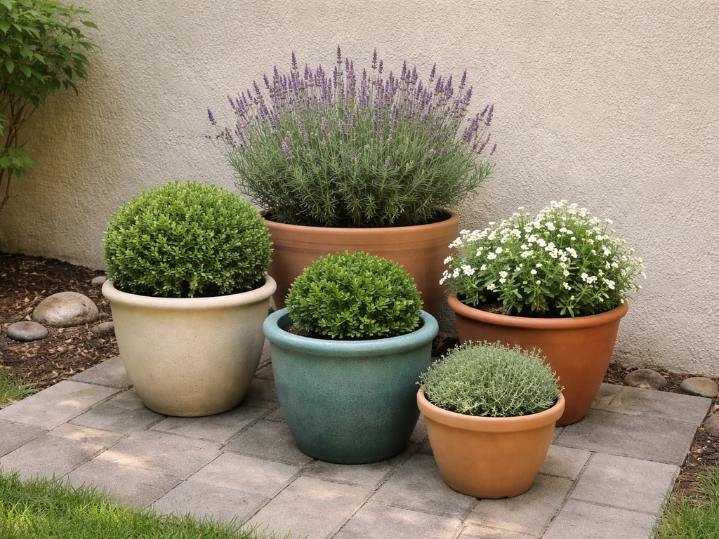 Clustered patio containers arranged in a coordinated beginner-friendly layout with small greenery.