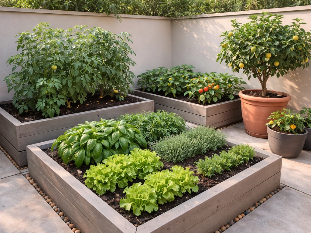 Compact patio raised beds with herbs, lettuce, tomatoes, peppers, and a dwarf fruit tree in containers.