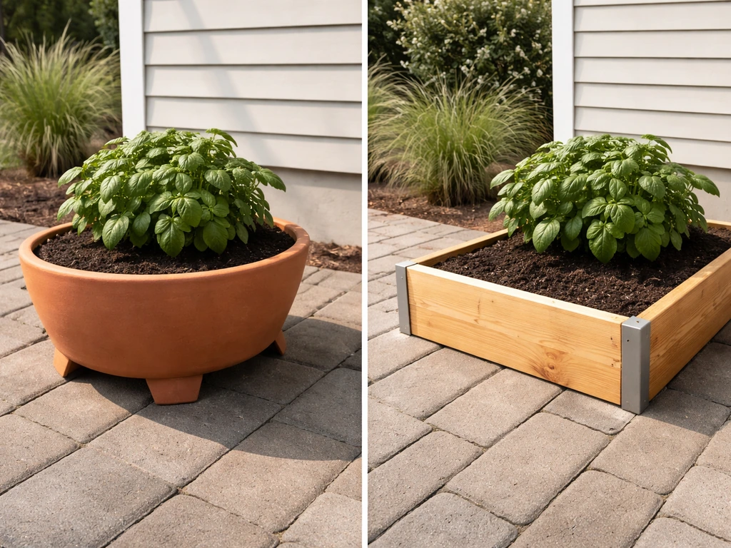 Side-by-side patio plants showing elevated container soil vs an anchored raised bed with soil.
